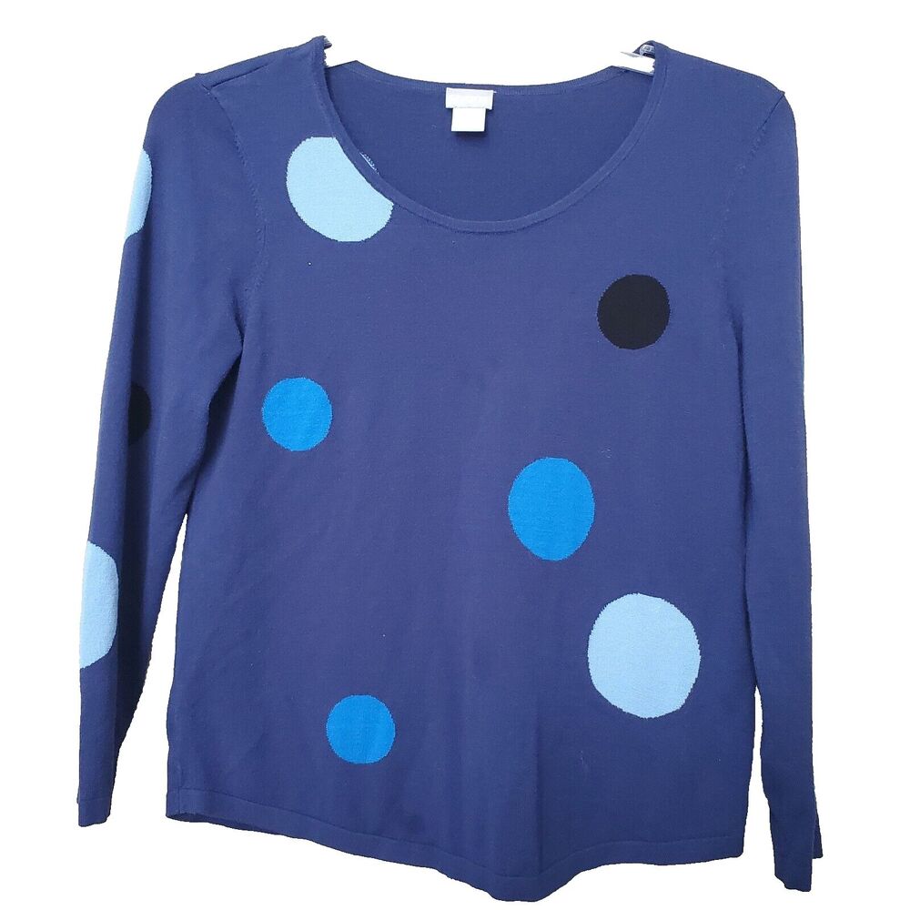 Chico's Blue Dotted Print Long Sleeve Scoop Neck Pullover Sweater Size 1 MED